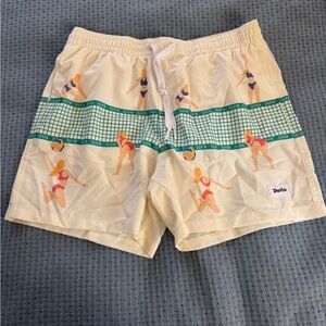 Duvin Swim Trunks with Retro Beach Print - Cream & Green- Size Large
